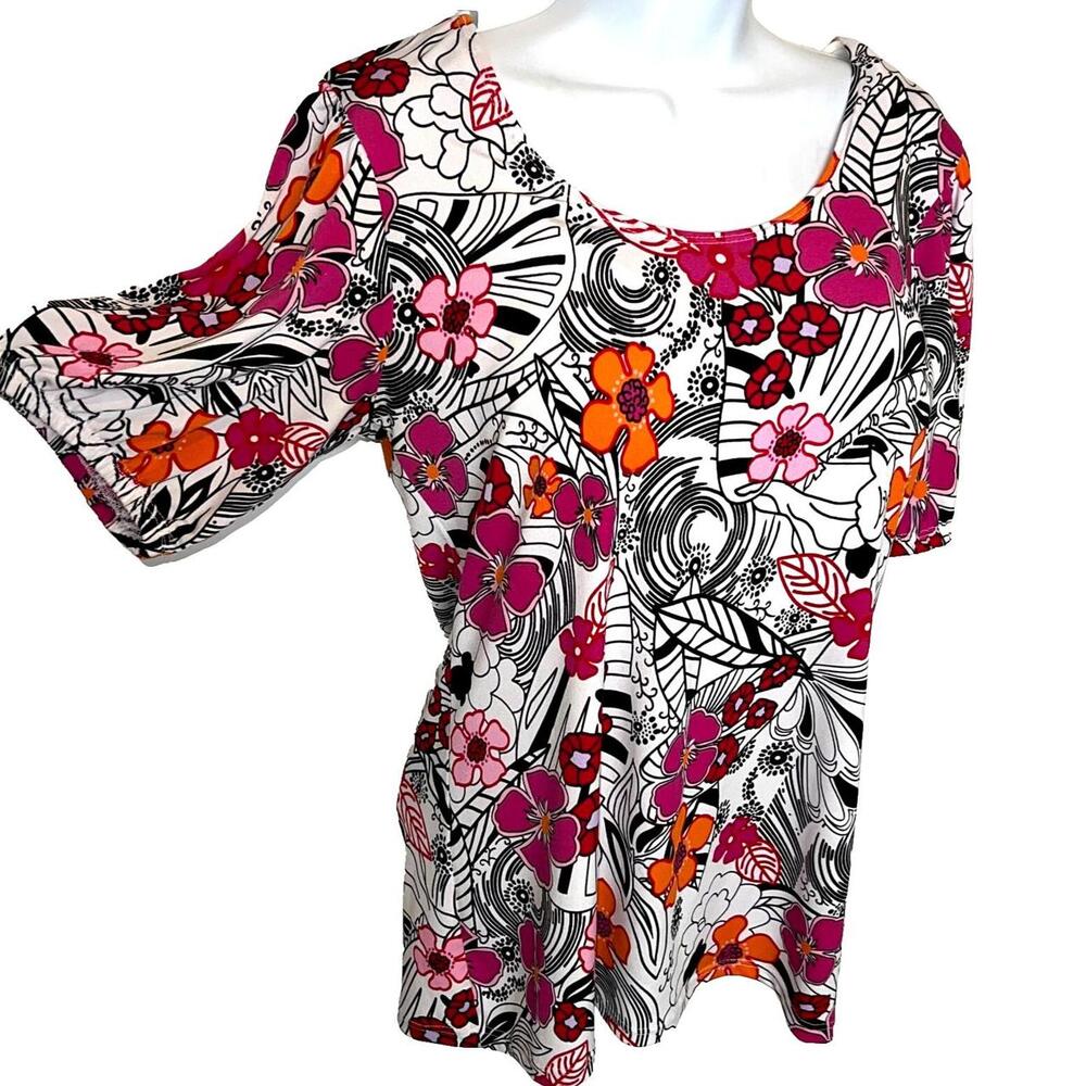 INC Women's M Blouse Traced Floral Print Short Balloon Sleeve Boat Neck Stretch